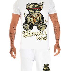 Avenue George V Paris Short Set Men's White 2 piece set Teddy Bear Rhinestone